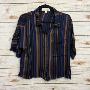Cloth & Stone Striped Fringe Boxy Button Front Short Sleeve Blouse
